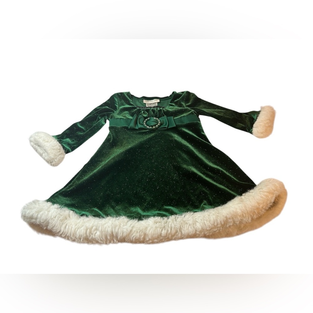 Bonnie Jean Girl's Velvet Xmas Green Glitter Dress White Faux Fur  2T